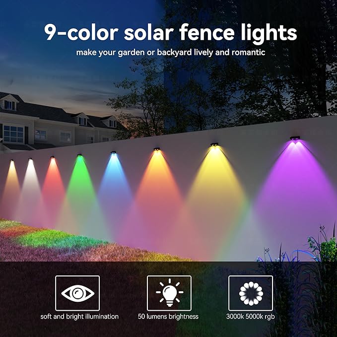 Solar Fence Lights 8 Pack 9 Colors & 11 Lighting Modes Solar Wall Lights Outdoor Waterproof IP65 RGB Color Changing Fence Lights Solar Powered for Garden Yard Patio Deck Step Patio Wall