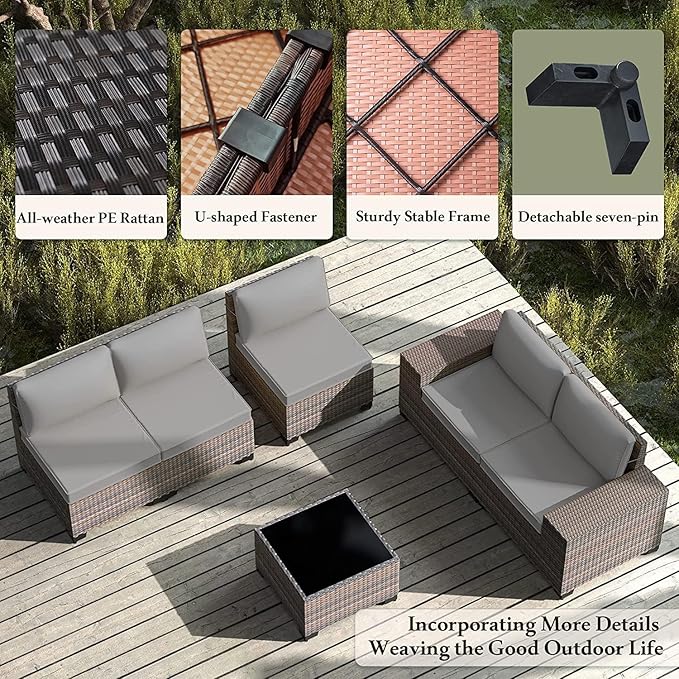 Outdoor Patio Furniture Set, 12 Pieces Outdoor Furniture All Weather Patio Sectional Sofa PE Wicker Modular Conversation Sets with Coffee Table,10 Chairs and Seat Clips Grey