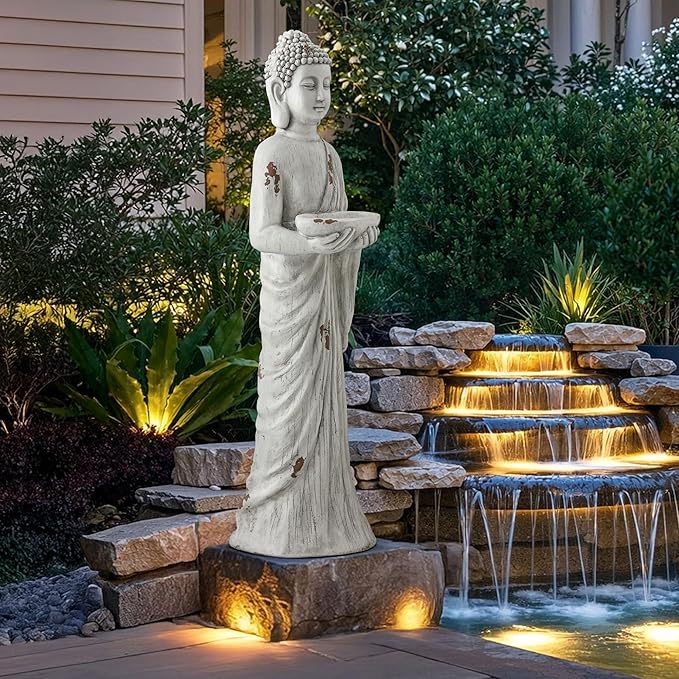 Zen Garden Asian Buddha Statue, 42.1" Large Outdoor Yard Sculpture,Durable Magnesium Oxide Stone Decor for Patio, Yard,Indoor Spaces, Antique White
