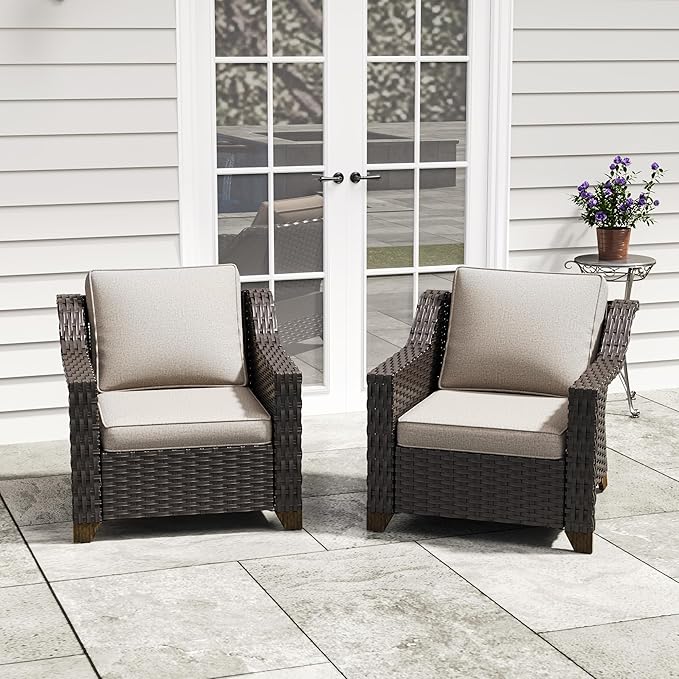 Patio 2 Pieces Wicker Chairs Set of 2, Outdoor PE Rattan Armchairs, Water-Resistant Cushions with Removable and Washable Covers, Porch Balcony, Sunroom (Beige)