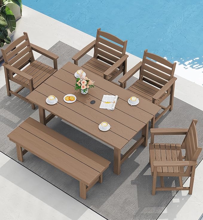 SERWALL 6-Person Outdoor Dining Table - 67" Rectangle HDPE Patio Table with Center Umbrella Hole, Weatherproof, Brown