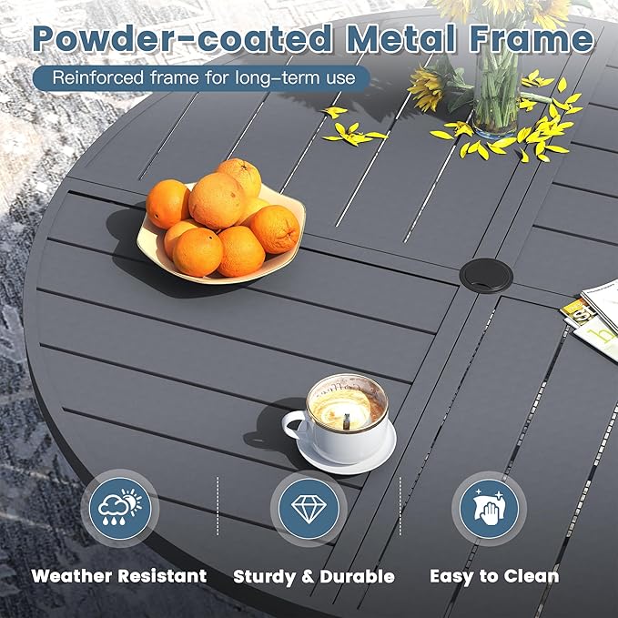 DIFY 47.2" Round Outdoor Patio Dining Table for 6, All-Weather Metal Steel Slatted Patio Table with 1.57" Adjustable Umbrella Hole, for Lawn Garden Porch Backyard, Grey
