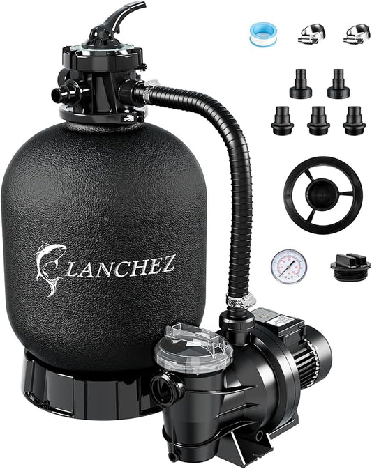 LANCHEZ 16" Sand Filter Pump for Above Ground Pool with Timer, 1.5 HP, Max 4900 GPH for Pools Up to 16000 GAL, 6-Way Valve Pool Sand Filter System, Enhanced Circulation for Crystal-Clear Pool