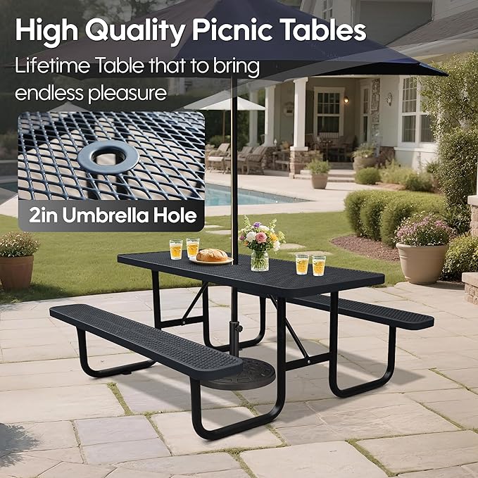 6FT Outdoor Picnic Tables,Heavy-Duty Metal Rectangular Picnic Table,Expanded Metal Commercial-Grade Table with 2 Benches & Umbrella Hole,Waterproof Coating Beach Table for Patio,Garden, Backyard