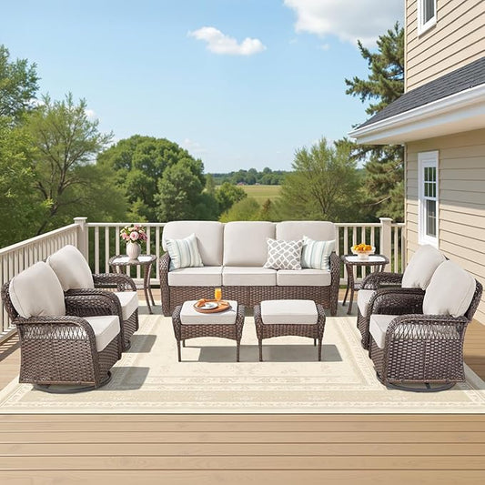 9 Pieces Patio Furniture Set Outdoor Sectional Sofa Couch with Rocking Swivel Chairs 5" Deep Seat Chairs, Modern Wicker Rattan Conversation Set, Beige/Brown Wicker