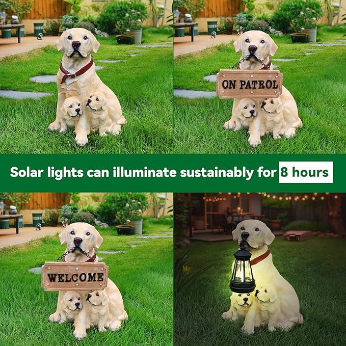 Labrador with Puppies Solar Welcome Statue, Hand-Painted Resin Dog Figurine with Lantern and Dual Wooden-Style Signs, Warm Family Guardian Sculpture for Garden and Porch Décor