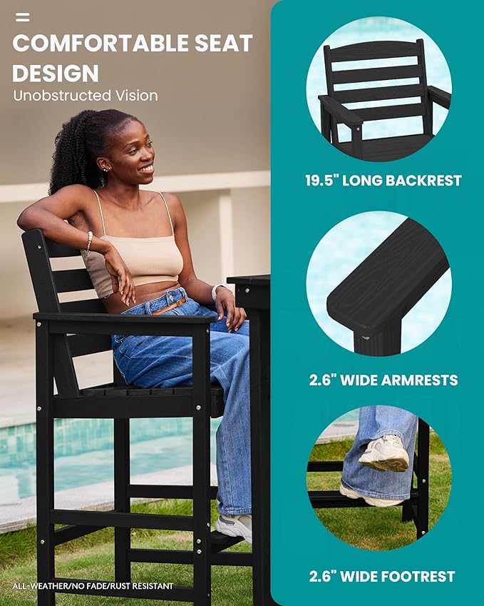 SERWALL Outdoor Bar Table and Chairs Set, Adirondack Bar Chairs Set of 2 and Bar Height Table, All Weather HDPE Outdoor Patio Bar Set, Outdoor Furniture for Outside, Poolside, Backyard, Garden, Black