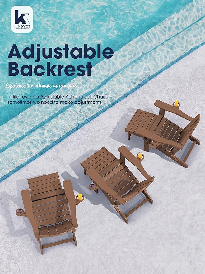 KINGYES Folding Adjustable Adirondack Chair with Ottoman & 2 Cup Holders Set of 4, HDEP Reclining Adirondack Chair with Footrest, Brown