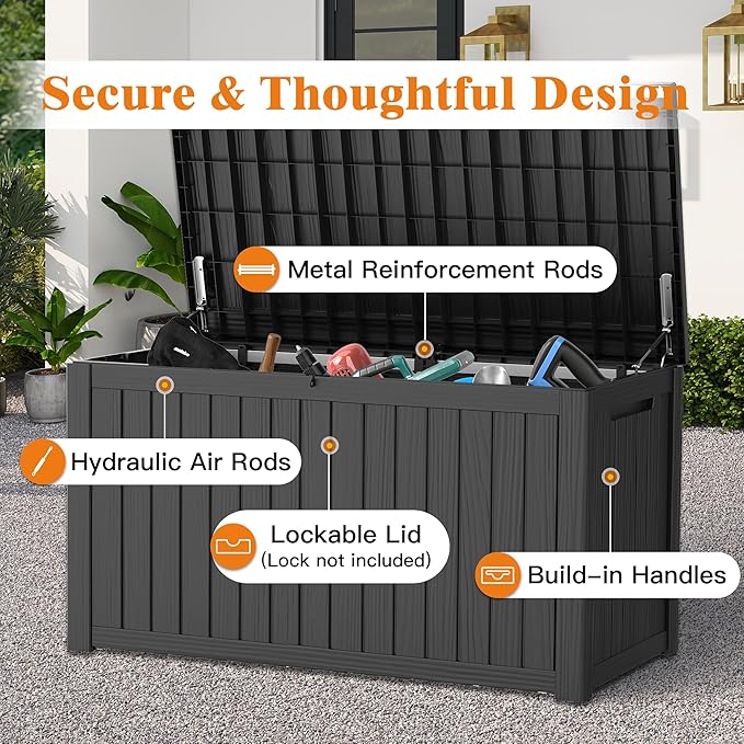 Outdoor Storage Box - Lockable Waterproof UV-Resistant Resin Deck Box for Patio Cushions, Pool Accessories (Black, 180 Gallon)