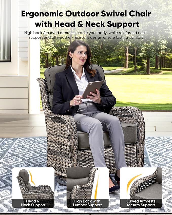 HUMMUH Outdoor Patio Wicker Swivel Rocker Chairs with 6-Inch Thick Cushion High Back 3 PCS Wicker Conversation Set for Porch Balcony Deck