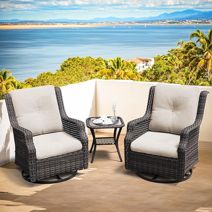 Patio Bistro Set 3 Pieces - Outdoor Swivel Rocker Patio Chair Set of 2 with Matching Tempered Glass Side Table, Cushion Included(Mixed Grey/Beige)