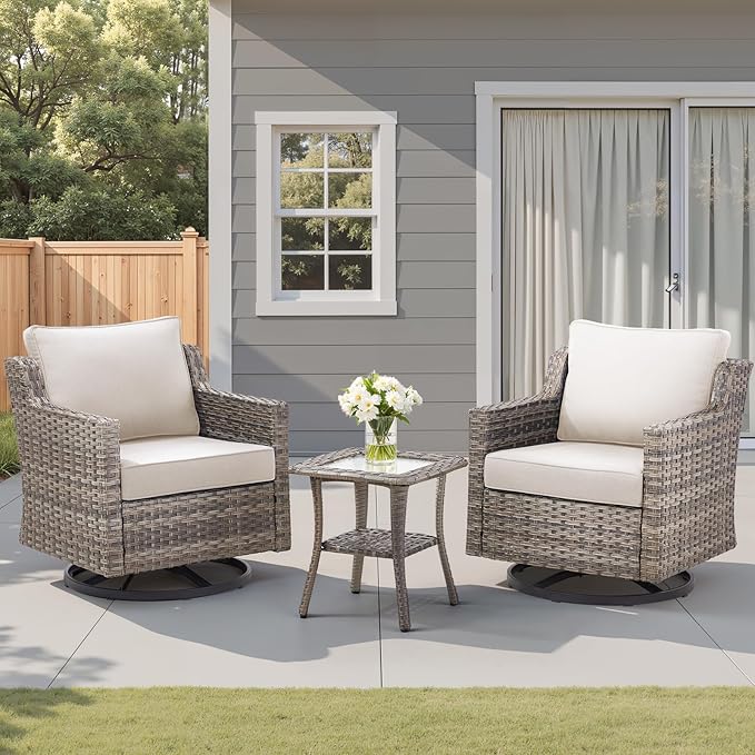 3 Pieces Outdoor Rocking Swivel Chairs with Side Table, Outdoor Furniture Swivel Chair with Comfy Cushions, Conversation Sets for Patio Deck Backyard Poolside