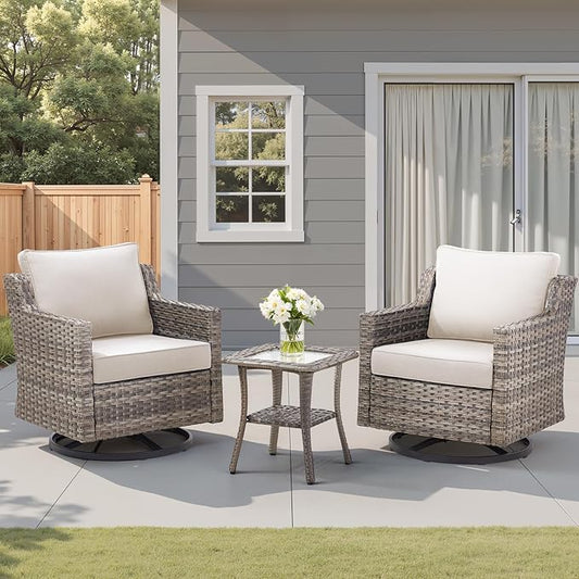 3 Pieces Outdoor Rocking Swivel Chairs with Side Table, Outdoor Furniture Swivel Chair with Comfy Cushions, Conversation Sets for Patio Deck Backyard Poolside