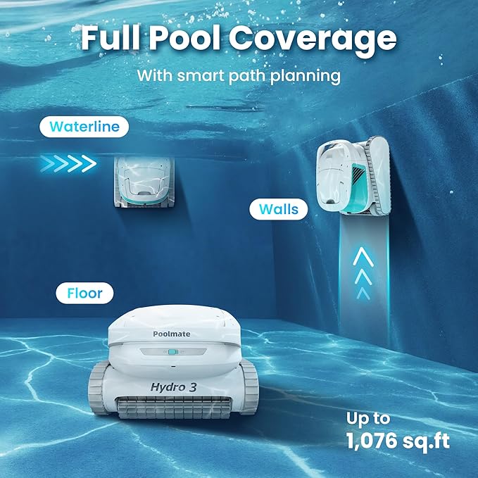 2025 Updated Hydro 3 Robotic Pool Cleaner for Inground/Above Ground Pools, 150W Cordless Pool Vacuum, Max 200min Runtime, 4.1L Filter Basket, Auto Waterline/Wall Cleaning, Max 1076 sq.ft Coverage