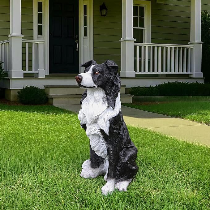 Border Collie Outdoor Dog Statue with Reversible “Welcome/ON Patrol” Plaque and Solar Path Lantern, Black & White Sitting Herding Dog Yard Accent