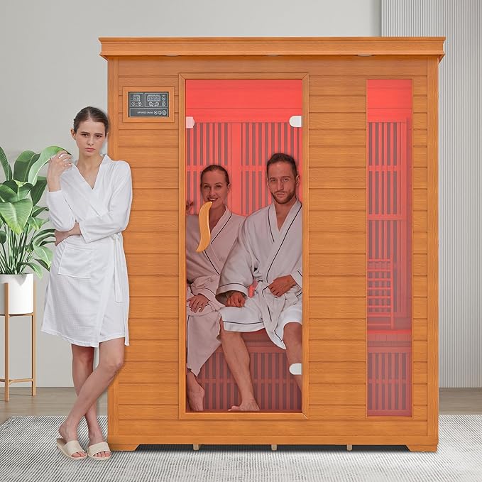 3 Person Infrared Sauna, Indoor Far Infrared Saunas for Home, 2240W Low EMF Canadian Hemlock Wooden Dry Sauna Room with 7 Chromotherapy Lamp, Bluetooth Speakers, 20 Amps