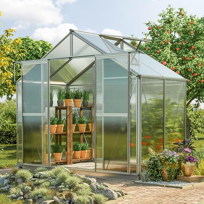 Greenhouse Topas 2 Aluminum Frame 7.4 x 4.4 ft Approx. 6 mm Polycarbonate Panels - with Bonus Base Frame and Automatic Vent Opener