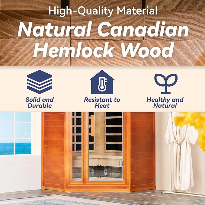 Woodbridge Infrared Sauna Room 2 Person Hemlock Wood Indoor Corner Sauna with 7 Carbon Heaters, Red Light Therapy,Bluetooth Speaker,Intelligent Dual Control System,Tempered Glass,Exterior Brim Light