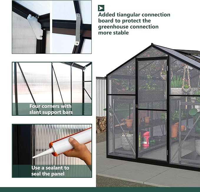 Favfurish 6x10 FT Greenhouses for Outdoors,Heavy Duty Polycarbonate Greenhouse,Lockable Walk-in Green House Sunroom w/ Roof Vent,Aluminum Hot House for Garden Plants Backyard Patio,Black