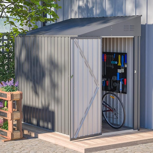4×7 Ft Lean to Shed, Small Metal Outdoor Storage Shed, 0.25mm Galvanized Steel Metal Garden Tool Shed Waterproof with Lockable Door for Backyard, Patio, Garden, Grey