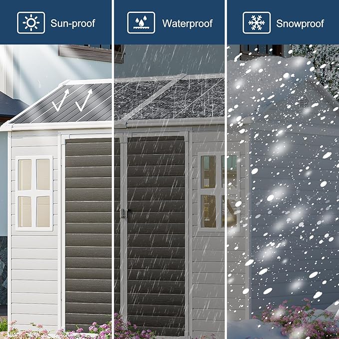 8x6 FT Resin Storage Sheds with Floor Windows Inlcuded, Waterproof Plastic Outdoor Shed Kit, Large Outside Tools Sheds for Backyard Garden Patio Lawn
