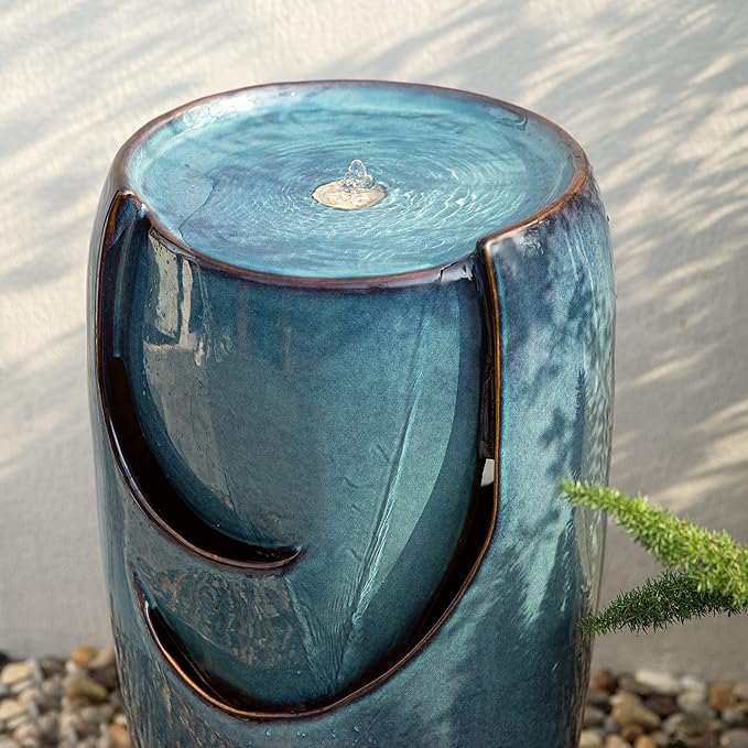 Glitzhome 29.25" H Oversized Ceramic Vase Outdoor Water Fountain Tall Patio Garden Water Fountain with LED Light and Submersible Pump Yard Art Decor, Turquoise