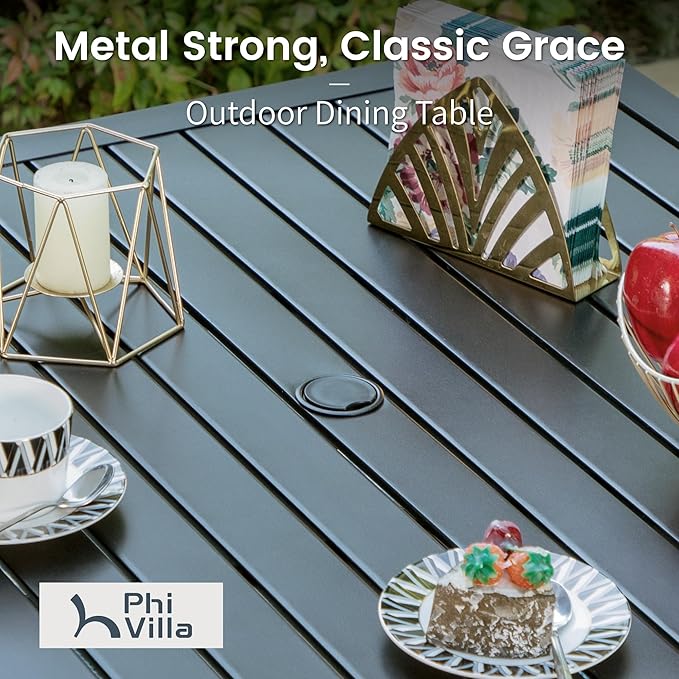 PHI VILLA 5 Pieces Patio Dining Set for 4 with 10ft Patio Umbrella, Metal Outdoor Stackable Wrought Iron Chair Set of 4 & 37" Metal Dining Table,3 Tier Vented Market Table Beige Umbrella
