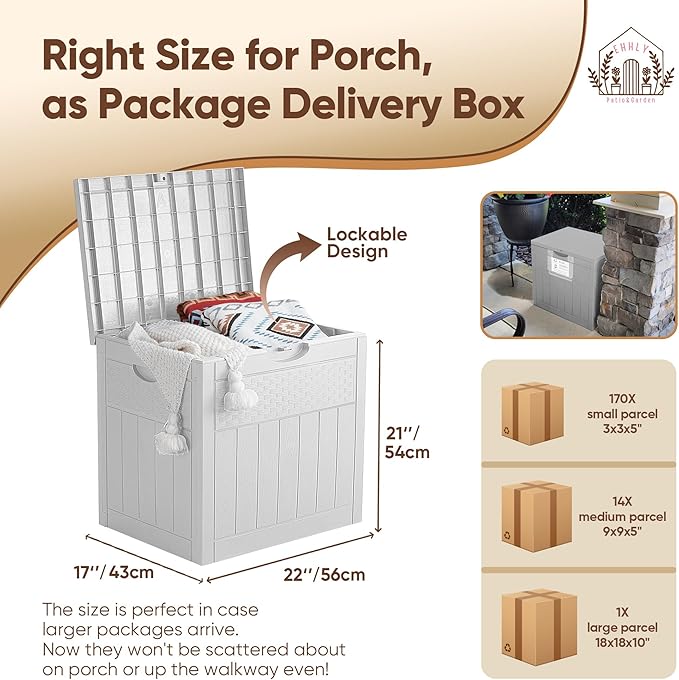 Deck Box, 51 Gallon Front Porch Package Bin Delivery Box for Outside, Small Patio Outdoor Storage Boxes Waterproof, UV Resistant Plastic Resin Pool Storage Bins with lids, White