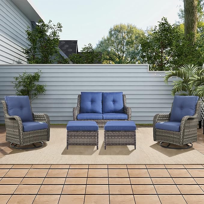 Rilyson 5 Piece Outdoor Patio Furniture Set - Rattan Wicker Patio Conversation Sets with 2 Swivel Rocker Chairs,2 Ottomans and 1 Loveseat for Outside Porch Deck Backyard(Mixed Grey/Blue)