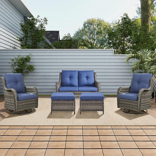 Rilyson 5 Piece Outdoor Patio Furniture Set - Rattan Wicker Patio Conversation Sets with 2 Swivel Rocker Chairs,2 Ottomans and 1 Loveseat for Outside Porch Deck Backyard(Mixed Grey/Blue)