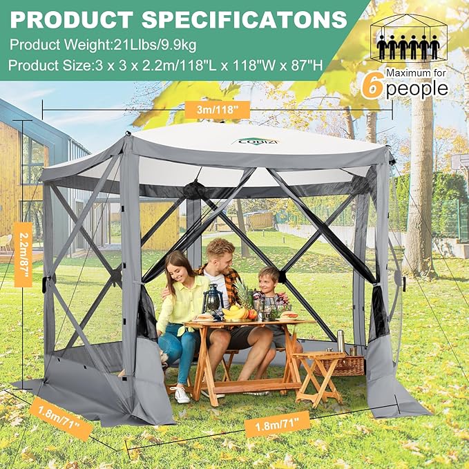 COBIZI 10x10ft Pop up Gazebo Screen House Tent for Camping, Pop-up Camping Canopy with Sidewalls,Portable Outdoor Quick-Set Hub Tent with Carrying Bag&Ground Stakes,Gray(Upgraded 2.0)
