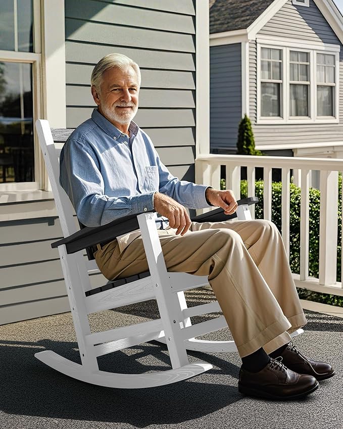 SERWALL Outdoor Rocking Chair Set of 2, HDPE Rocking Chairs for Adult, All Weather Porch Rockers for Lawn Garden, Gray & White