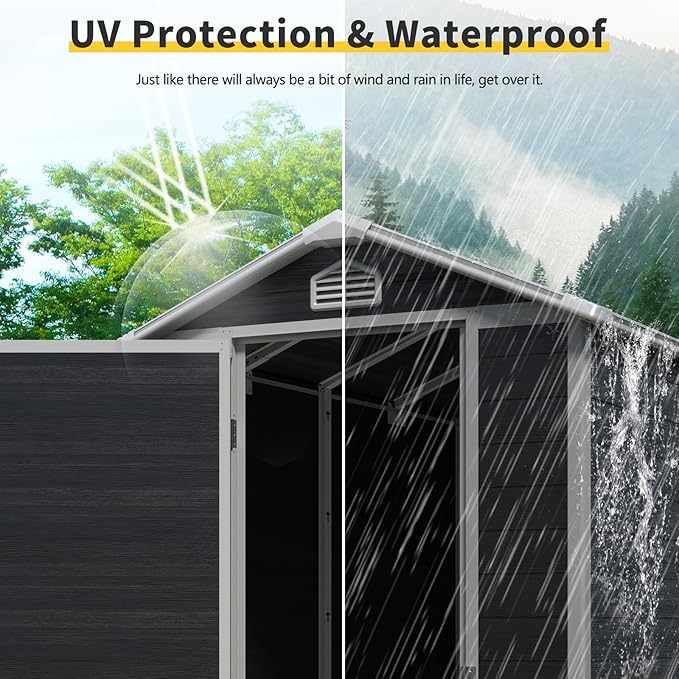 4x6 FT Outdoor Storage Shed, Resin Garden Shed with Thick Floor, Plastic Storage Shed with Window, Waterproof Outside Tool Shed with Lockable Hinged Door for Backyard, Patio, Lawn, Black