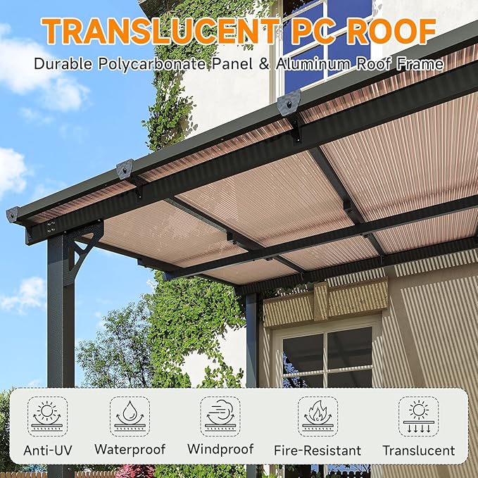 10x10FT Lean to Gazebo, Hardtop Metal Pergola with Polycarbonate Roof, Large Wall Mounted Heavy Duty Awnings, Patio Canopy for Backyard, Deck, Porch