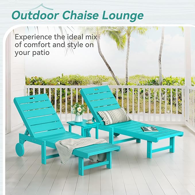 Outdoor Chaise Lounge Chairs with Table, 2-Piece, 26.8” Super Wide Lounge Chair Outdoor, HDPS Pool Chairs with 5 Positions, Patio Lounge Chair with Wheels for Pool,Lawn,Backyard, Aruba Blue