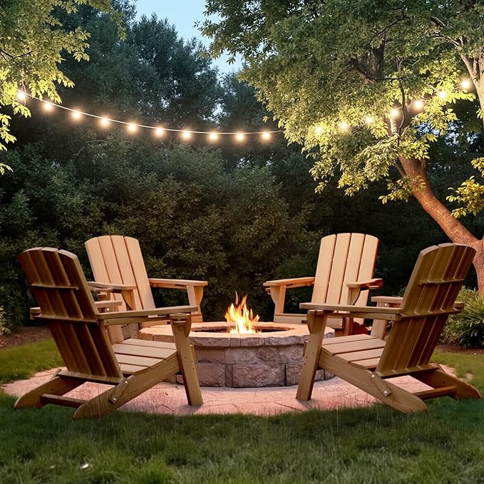 Folding Adirondack Chair Wood Texture 4 Pack, HDPE All-Weather Fire Pit Chairs, Plastic Adirondack Chairs with 2 Cup Holder, Outdoor Lawn Chair for Patio Garden (Teak)