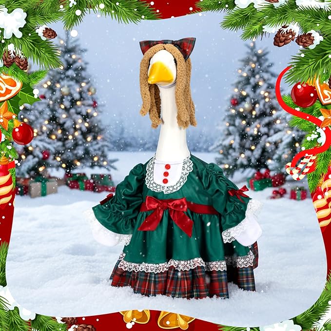 Soulchen 1 Set Christmas Green Porch Goose Outfit 23 Inch Winter Plaid Cement Goose Clothes Dress and Headdress Costume Set for Xmas Holiday Lawn Garden Yard Decor