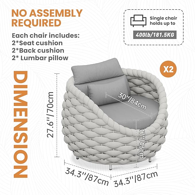 Patio Accent Chairs Set of 2: Aluminum Porch Lounge Chair with Arms - Woven Rope Cushioned Armchair - Modern One Seater Chair - Outdoor Deck Furniture for 400lbs Balcony Lanai Garden Hotel, Gray