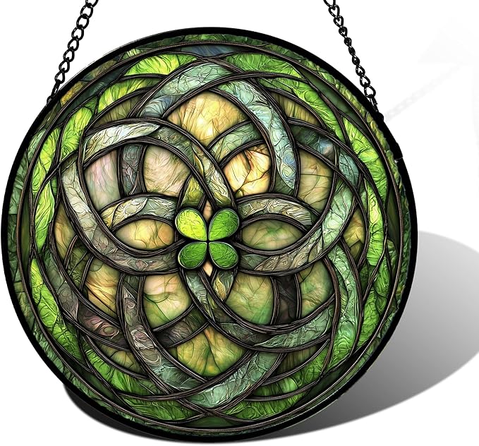 Stained Glass Window Hanging, Abstract Green Clover Sun Catchers Colorful Glass Panel Bless Suncatcher Decor for Birthday for Women, Men, Wife, Aunt, and Mom 6.3 in
