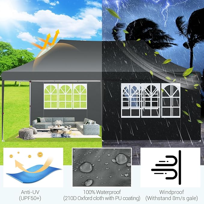 COBIZI 10x20 Pop Up Canopy with 6 Sidewall, Commercial Canopy UPF 50+ Waterproof Outdoor Gazebo with Carry Bag, Tents for Parties with Upgrade Frame, 3 Height Adjustable, Gray