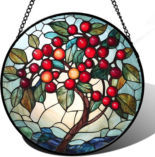 CRIS GIF Stained Glass Window Hanging - Red Fruit Tree Landscape Suncatcher for Doors Garden Patio Sun Catchers Decor Christmas Mother's Day Birthday Gifts for Women Men Mom Nana Friend 6.3 in