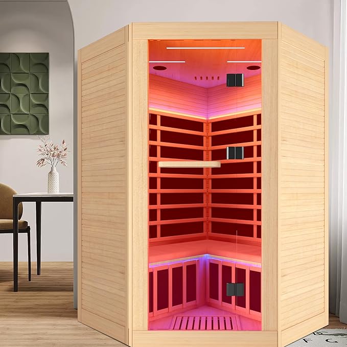 Indoor Sauna Two Person Far Infrared Saunas for Home 1 - 3 Person Wood Sauna Canadian Hemlock 2180W/110V Low EMF Dry Sauna Room with Oxygen Bar/7 Color Therapy/9 Heating Plates/Control Panel/Speaker