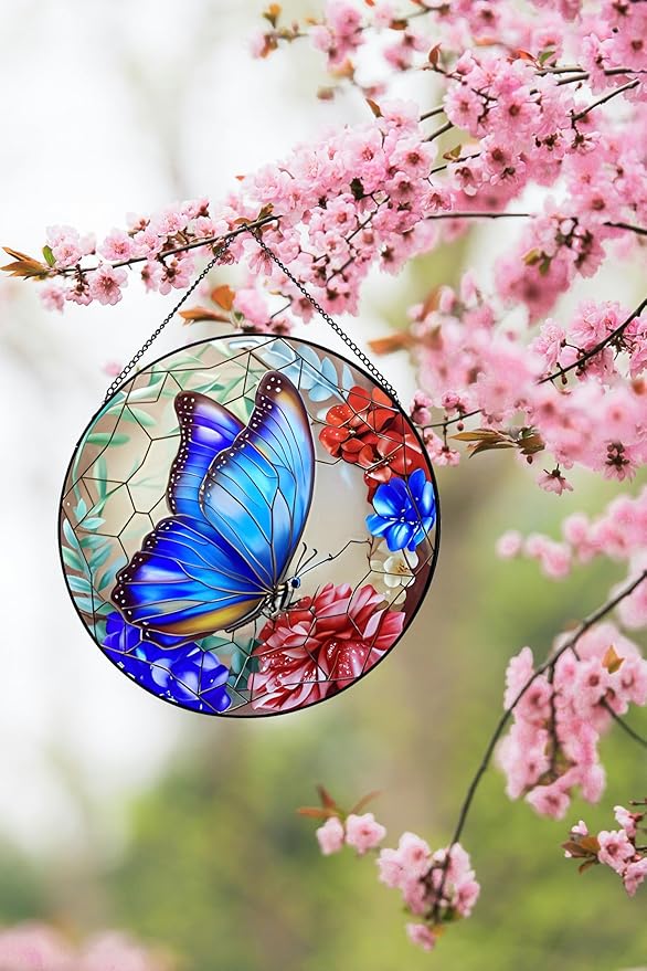 12 Inch Stained Glass Window Hanging,Large Butterfly Suncatcher, Stained Glass Suncatcher, Butterfly Home Wall Art Decor for Indoor Window, Hand Multicolor Panel Sun Catcher