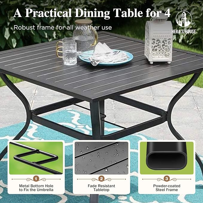 HERA'S HOUSE Metal Patio Table and Chairs Set for 4, Outdoor Dining Set 5 Pieces, 37" Square Table with Elegant Cushioned Armrest Chairs for Garden Backyard with 1.57" Umbrella Hole