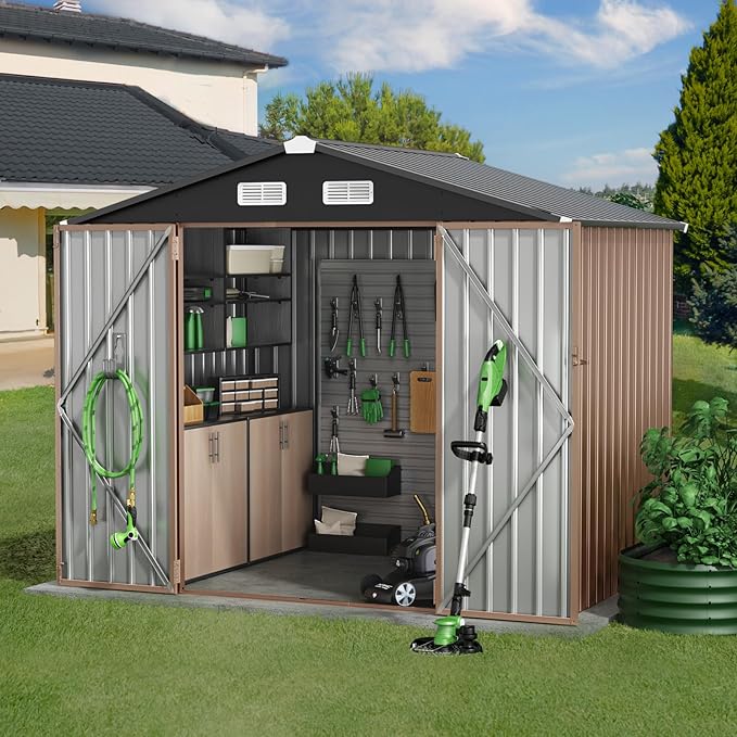 GVDV 8x6 FT Outdoor Metal Storage Shed with Floor, 7.3x5.3 FT Base Durable Garden Shed with Updated Frame Structure for Backyard, Patio, Tool Storage, All-Weather Shelter for Bike, Gardening Tools