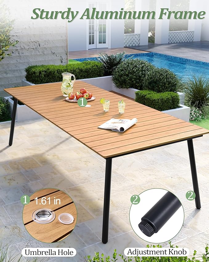 Outdoor Dining Table for 8-10, 94.5 inch Patio Dining Table with Wooden-Like Top and Aluminum Frame, Rectangular Table with Umbrella Hole Outdoor Furniture, Brown