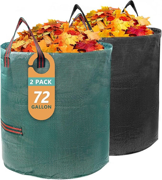 2 Pack 72 Gallon Lawn and Leaf Bags (Green + Black), Heavy Duty Reusable Yard Waste Bags with Reinforced Handles, Collapsible Garden Bags for Leaves, Branches, Grass Waste
