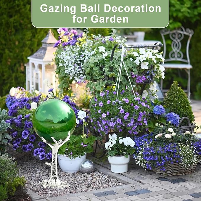 Nerien 12 Inch Gazing Ball, Stainless Steel Garden Mirror Globe, Polished Ornament Sphere, Hollow Floating Reflective Hemisphere, Home Outdoor Pond Housewarming Swimming Pool Decoration Gift, Green