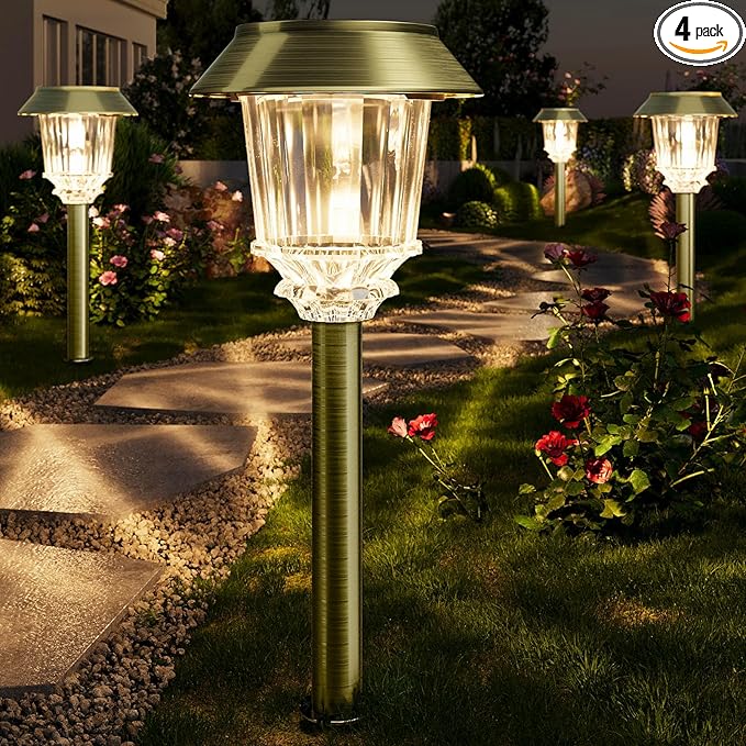XMCOSY+ Solar Pathway Lights Outdoor - 4 Pack Auto On/Off 10-40 LM Dimmable Waterproof Outdoor Solar Lights for Yard Pathway Garden Driveway Walkway (Bronze)