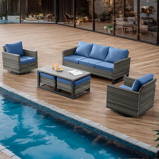 Wicker Outdoor Patio Furniture Set - 6 Piece Patio Conversation Set with 2 Swivel Rocker Chairs,2 Rattan Ottoman,1 Couch and 1 Metal Coffee Table for Outside Porch Deck Backyard(Mixed Grey/Blue)